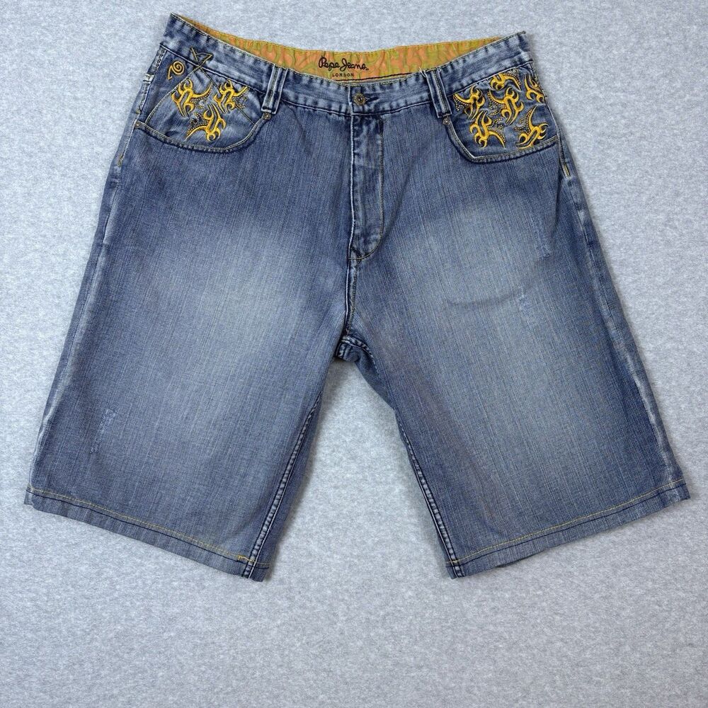 Y2K Pepe Jeans Denim Shorts Men’s Size 40 Blue Embroidered Pockets Streetwear